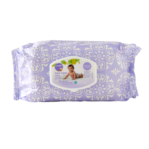 Baby wipes with decorative purple and white packaging and IML label