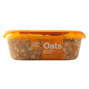 Chia pod oats with banana and mango in clear orange container with IML label