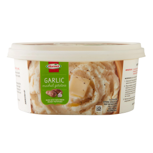 Hormel garlic mashed potatoes in white container