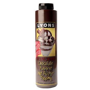 Lyons chocolate flavored hot fudge topping in brown container with shrink labeling