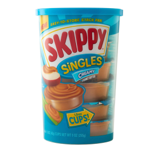 Skippy singles in blue container with IML label