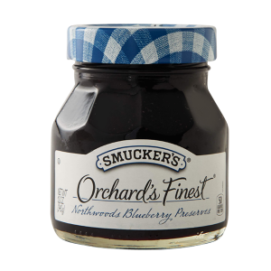 Smucker's Orchard's Finest blueberry preserves with cut and stack label