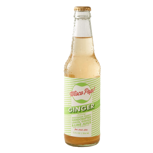 Wisco Pop ginger soda in clear bottle and green and white label