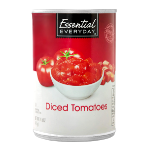 Essential Everyday can of Diced Tomatoes with cut & stack label