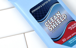 Flexible Packaging: clean shield antibacterial wipes on white tile