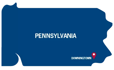 A map of Pennsylvania illustrating where the Downingtown facility is located.