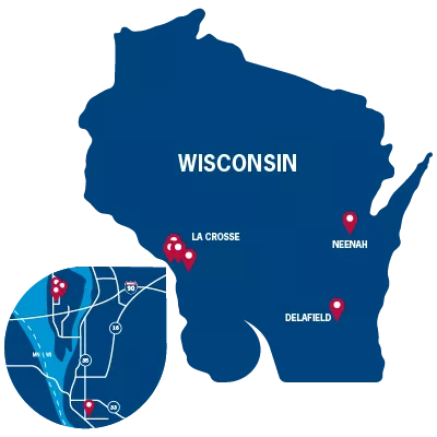 A map of Wisconsin with red pins indicating Inland facilities are located in La Crosse, Neenah and Delafield.