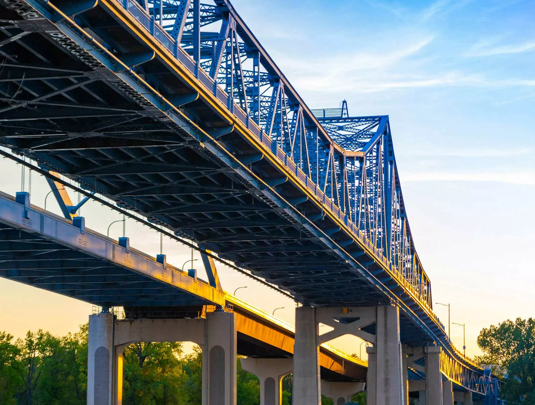 An artistic shot of a blue bridge in downtown La Crosse, Wisconsin.