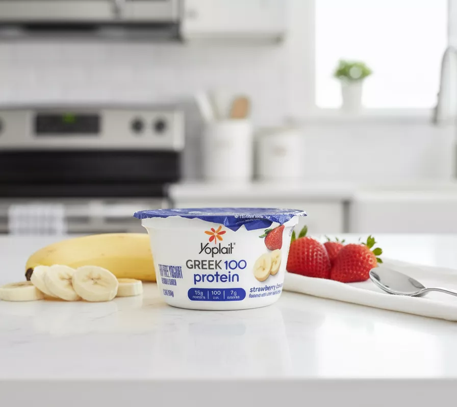 Yoplait greek yogurt cup on counter
