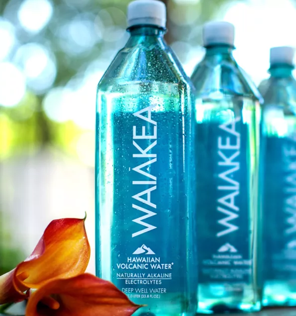 Translucent blue Waiakea Hawaiian volcanic water product packaging.