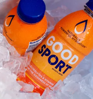 Good Sport sports drink product packaging in bright orange.