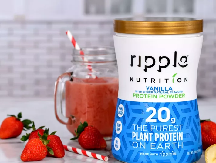 Ripple Nutrition protein powder shrink-sleeve product packaging.