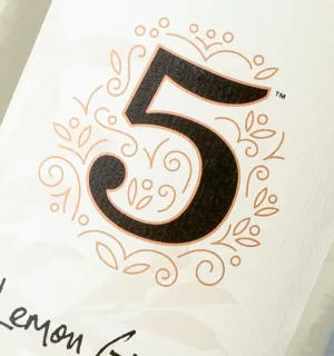 Close-up view of a wine label featuring textured details and lines.