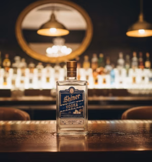 Bottle of vodka sitting on a bar top
